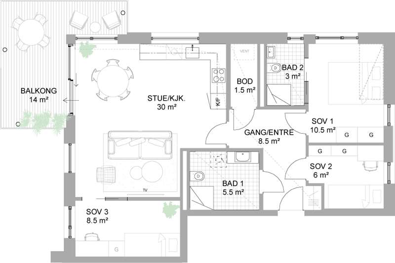 Standard planløsning: 4-roms leilighet

